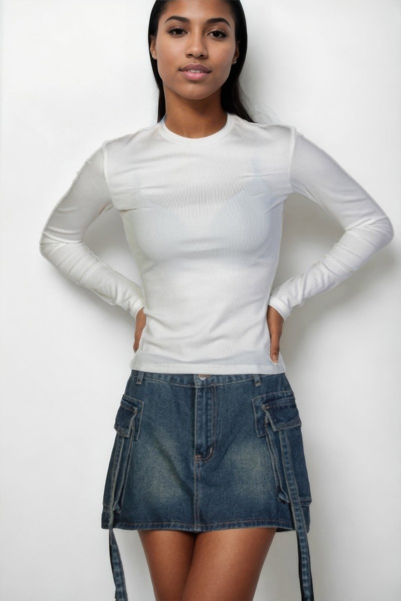 Ribbed Round Neck Long Sleeve Top - AMVIM