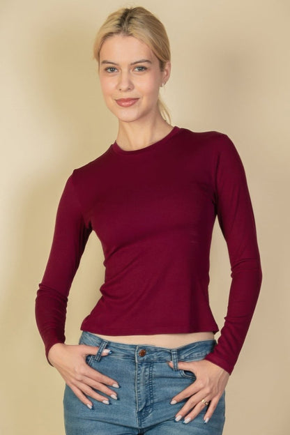 Ribbed Round Neck Long Sleeve Top - AMVIM