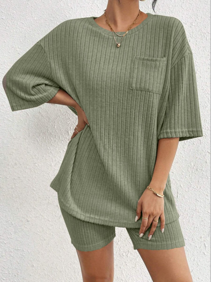Ribbed Round Neck Top and Shorts Set - AMVIM