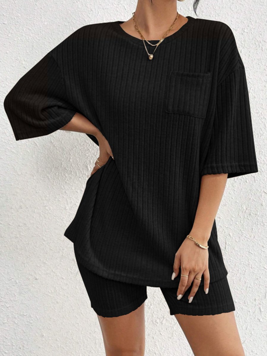 Ribbed Round Neck Top and Shorts Set - AMVIM
