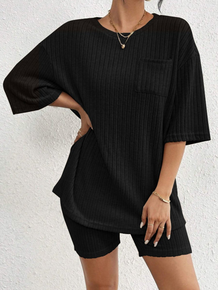 Ribbed Round Neck Top and Shorts Set - AMVIM