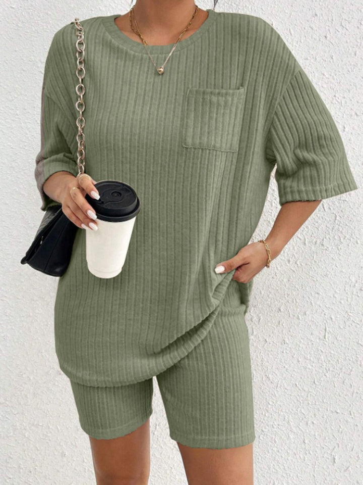 Ribbed Round Neck Top and Shorts Set - AMVIM