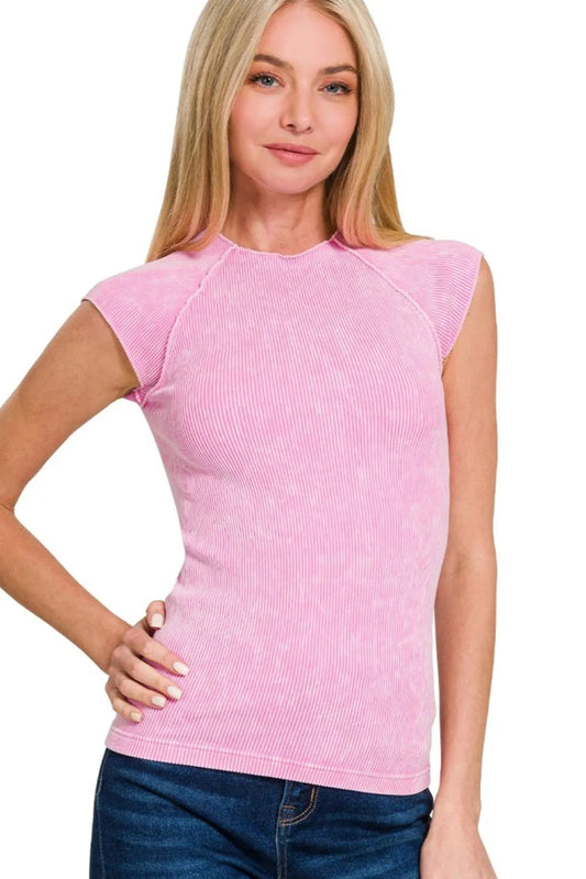 Ribbed Sleeveless Top Crew Neck Casual Acid Wash Fit - AMVIM