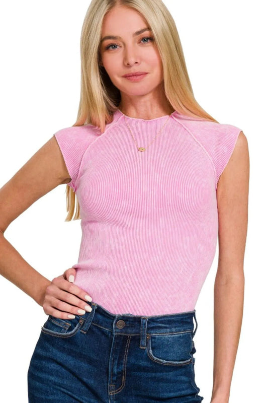Ribbed Sleeveless Top Crew Neck Casual Acid Wash Fit - AMVIM