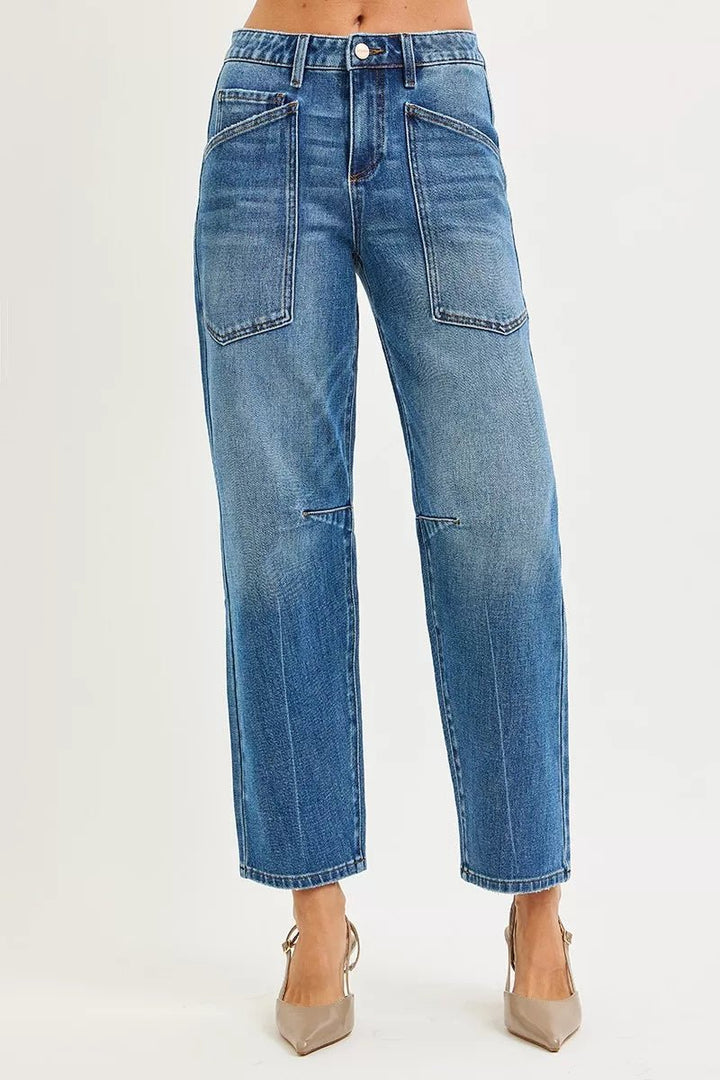 RISEN 4-Way Stretch Mid-Rise Barrel Jeans with Patch Pocket Detail - AMVIM