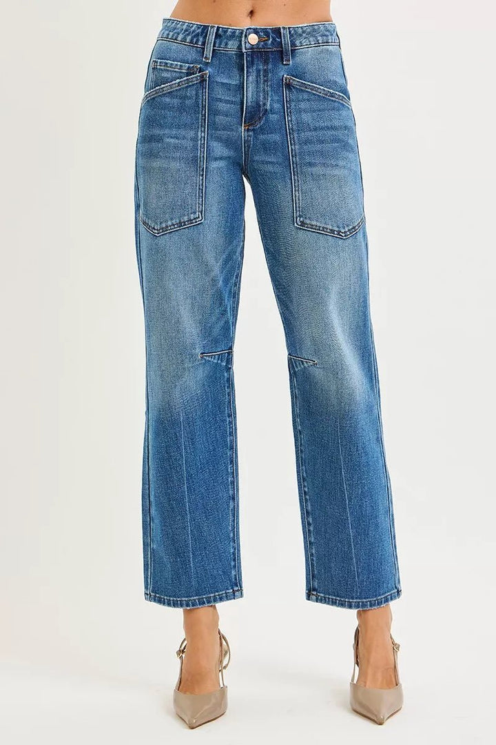 RISEN 4-Way Stretch Mid-Rise Barrel Jeans with Patch Pocket Detail - AMVIM