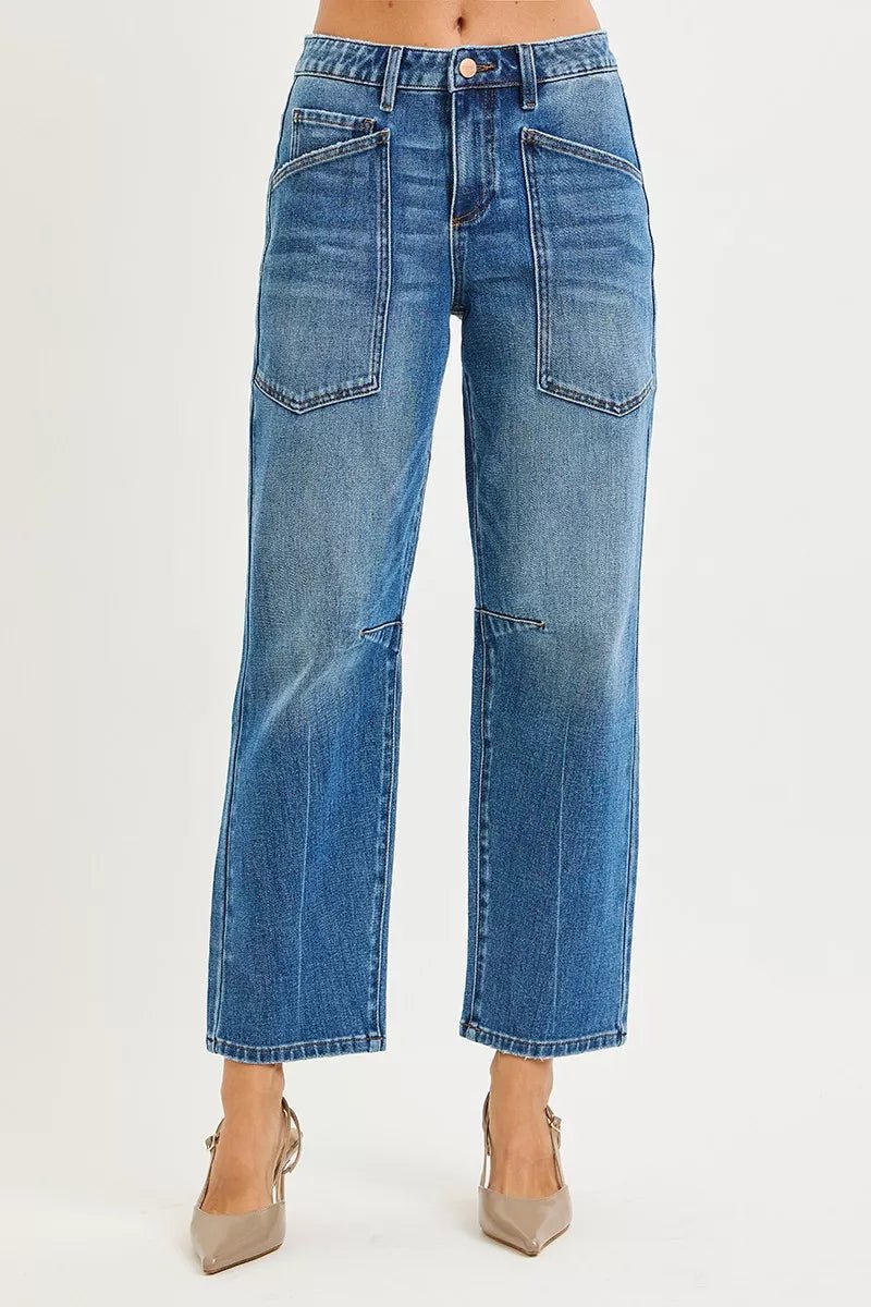 RISEN 4-Way Stretch Mid-Rise Barrel Jeans with Patch Pocket Detail - AMVIM