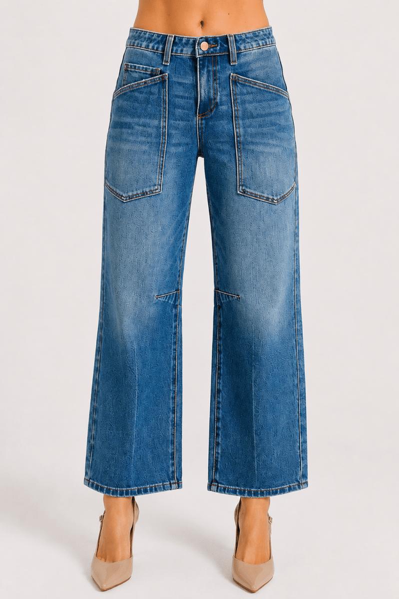 RISEN 4-Way Stretch Mid-Rise Barrel Jeans with Patch Pocket Detail - AMVIM