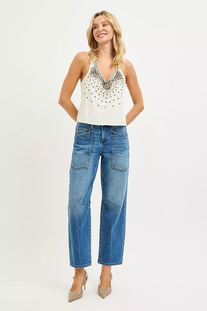 RISEN 4-Way Stretch Mid-Rise Barrel Jeans with Patch Pocket Detail - AMVIM