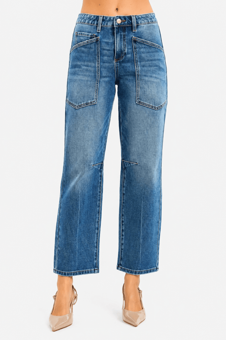 RISEN 4-Way Stretch Mid-Rise Barrel Jeans with Patch Pocket Detail - AMVIM