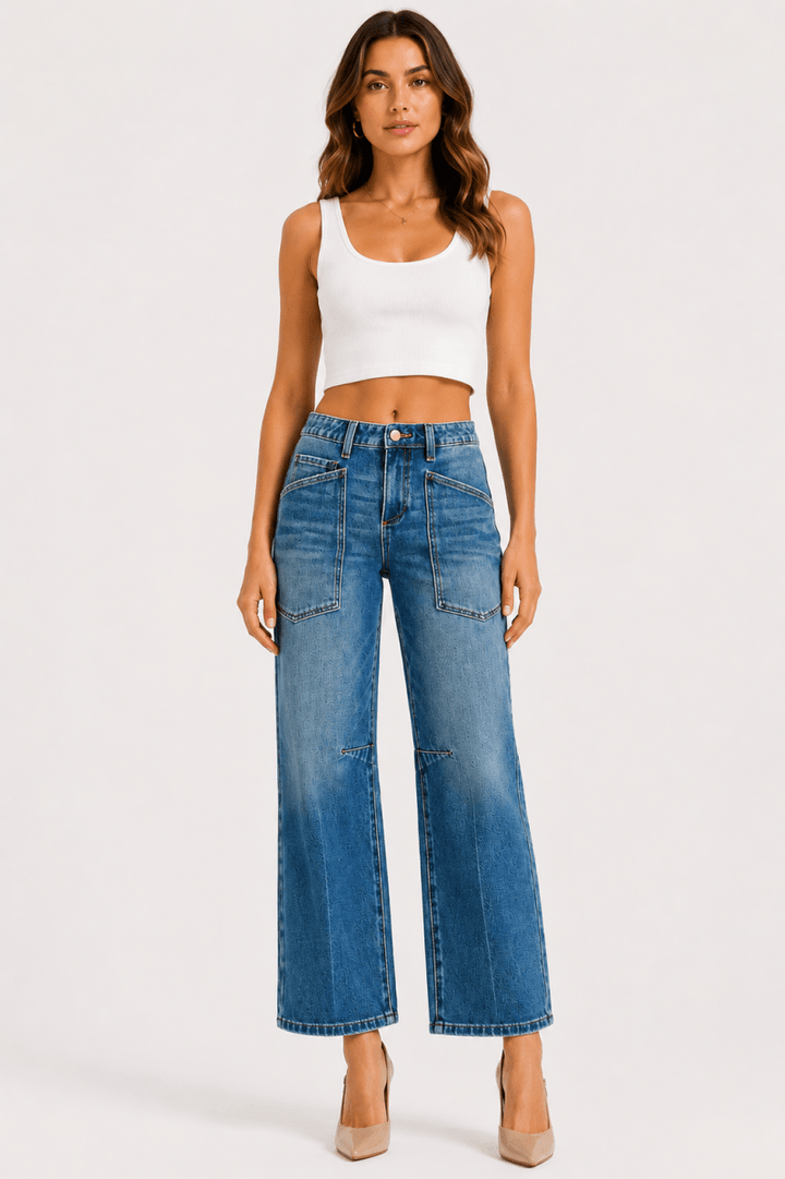 RISEN 4-Way Stretch Mid-Rise Barrel Jeans with Patch Pocket Detail - AMVIM
