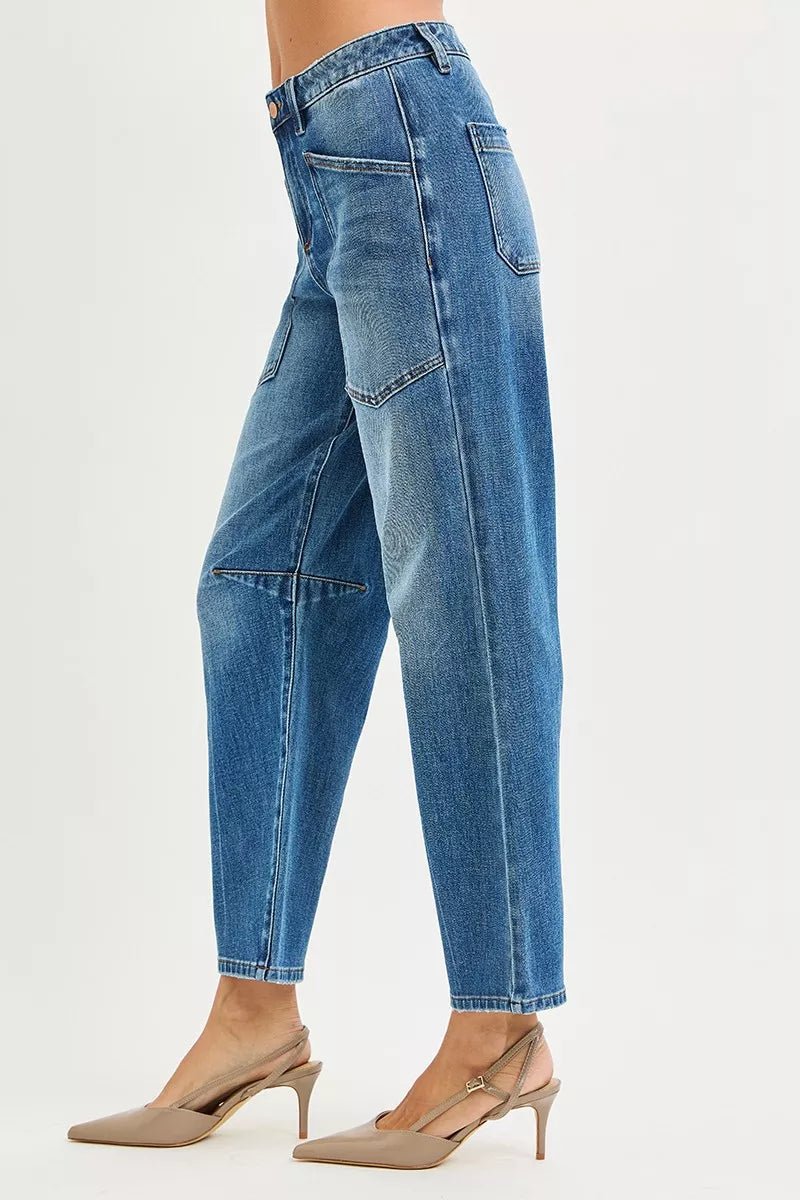 RISEN 4-Way Stretch Mid-Rise Barrel Jeans with Patch Pocket Detail - AMVIM