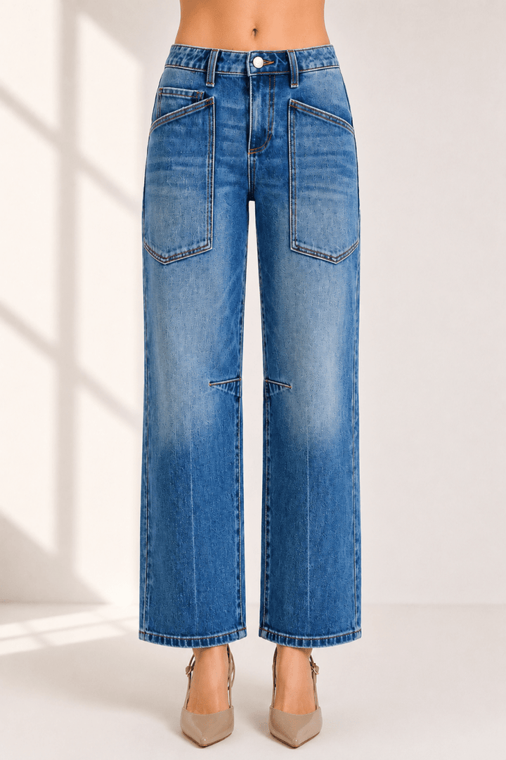 RISEN 4-Way Stretch Mid-Rise Barrel Jeans with Patch Pocket Detail - AMVIM