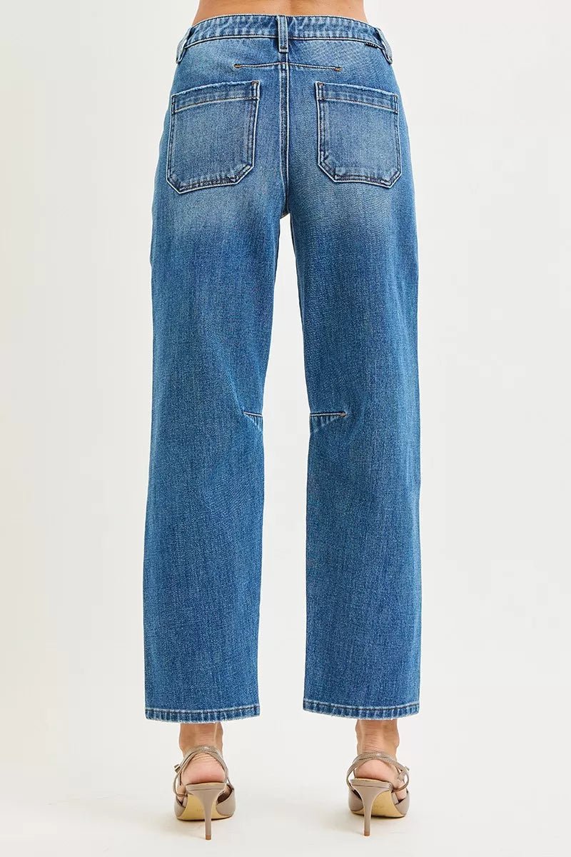 RISEN 4-Way Stretch Mid-Rise Barrel Jeans with Patch Pocket Detail - AMVIM