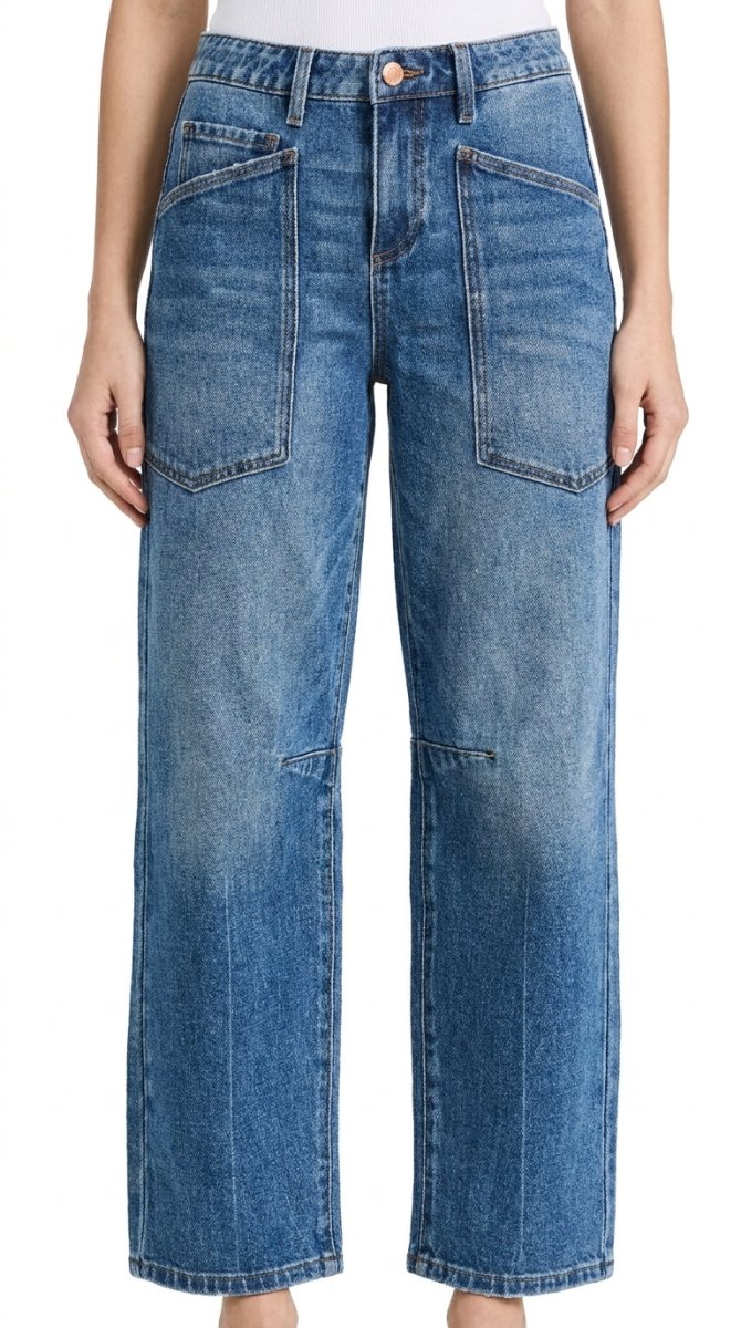 RISEN 4-Way Stretch Mid-Rise Barrel Jeans with Patch Pocket Detail - AMVIM