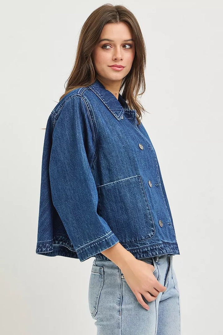 RISEN Double-Breasted Flowy Cropped Denim Jacket - AMVIM