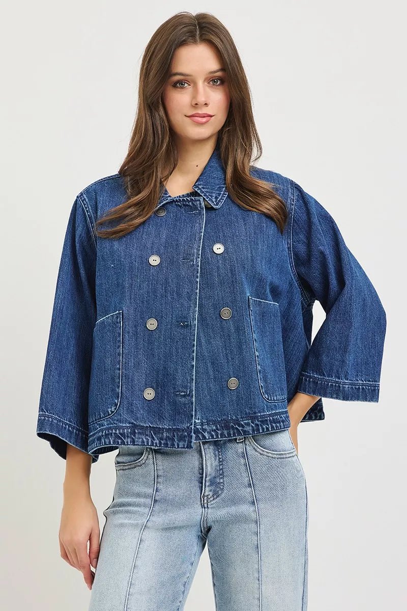 RISEN Double-Breasted Flowy Cropped Denim Jacket - AMVIM