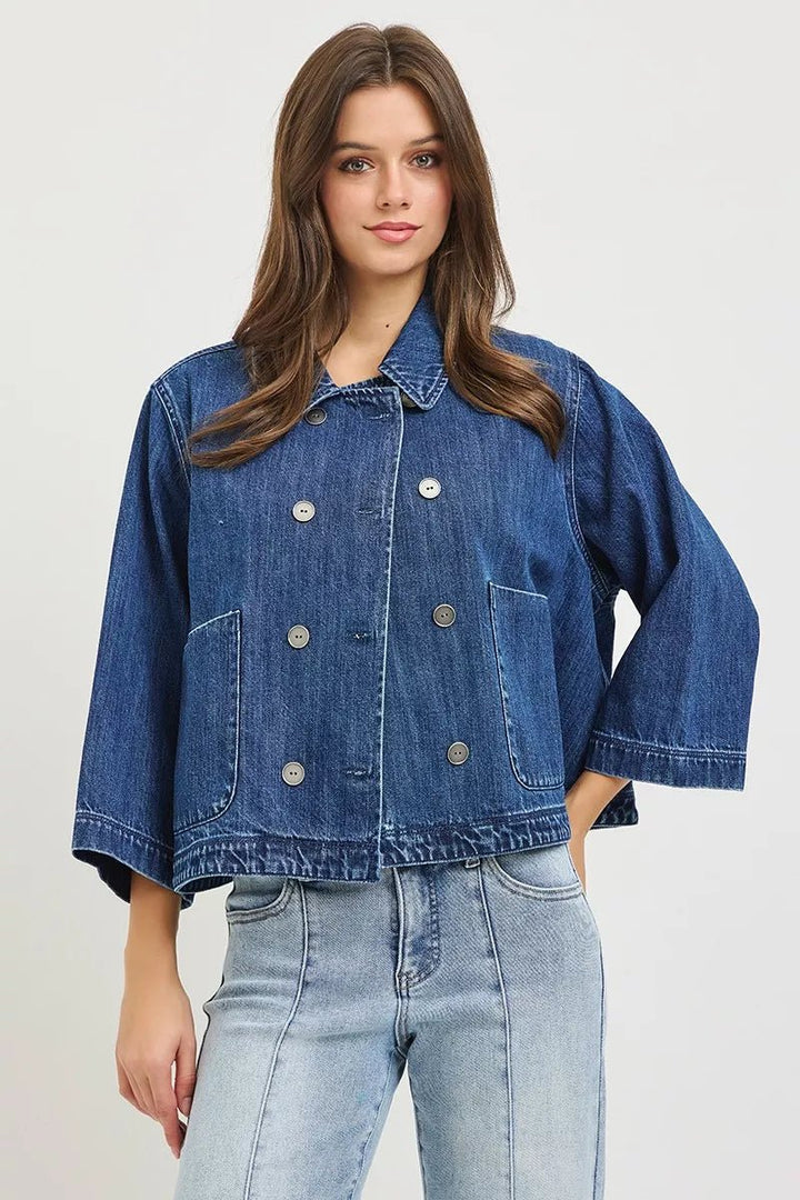 RISEN Double-Breasted Flowy Cropped Denim Jacket - AMVIM