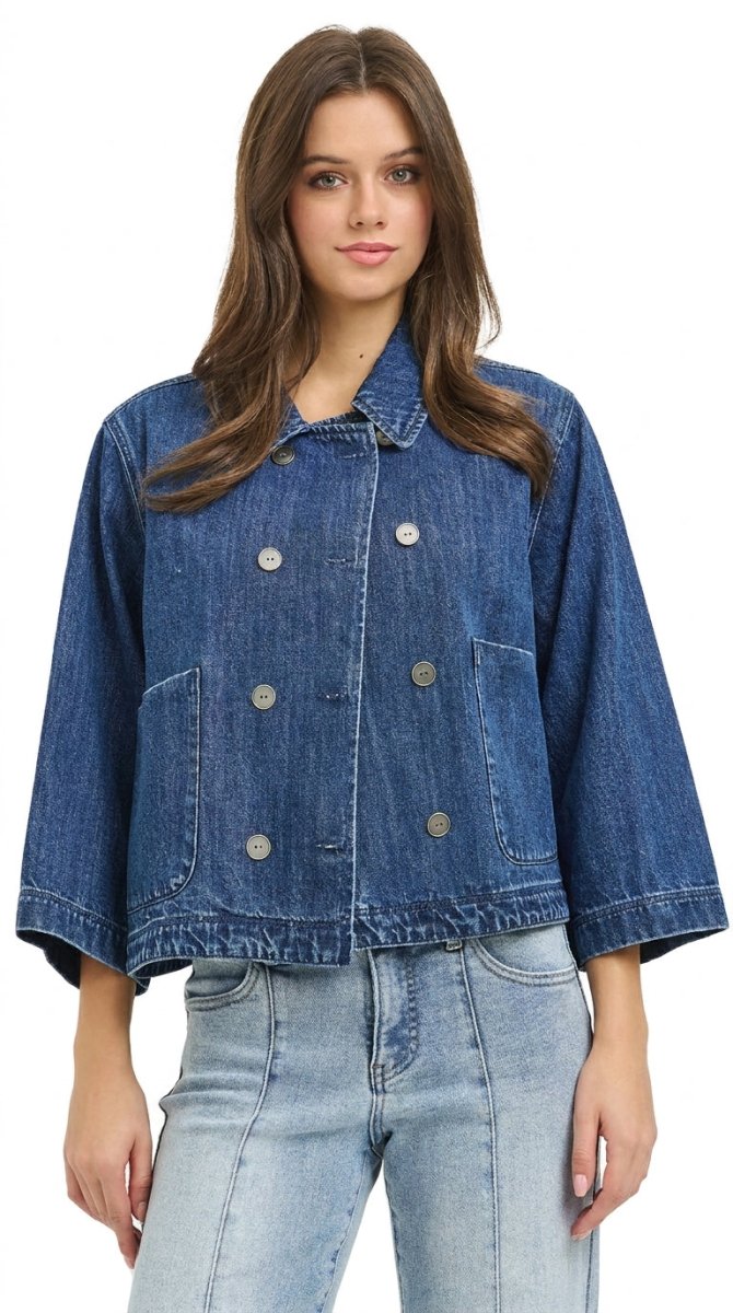 RISEN Double-Breasted Flowy Cropped Denim Jacket - AMVIM