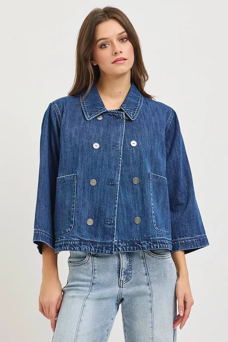 RISEN Double-Breasted Flowy Cropped Denim Jacket - AMVIM