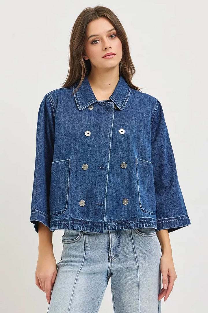 RISEN Double-Breasted Flowy Cropped Denim Jacket - AMVIM