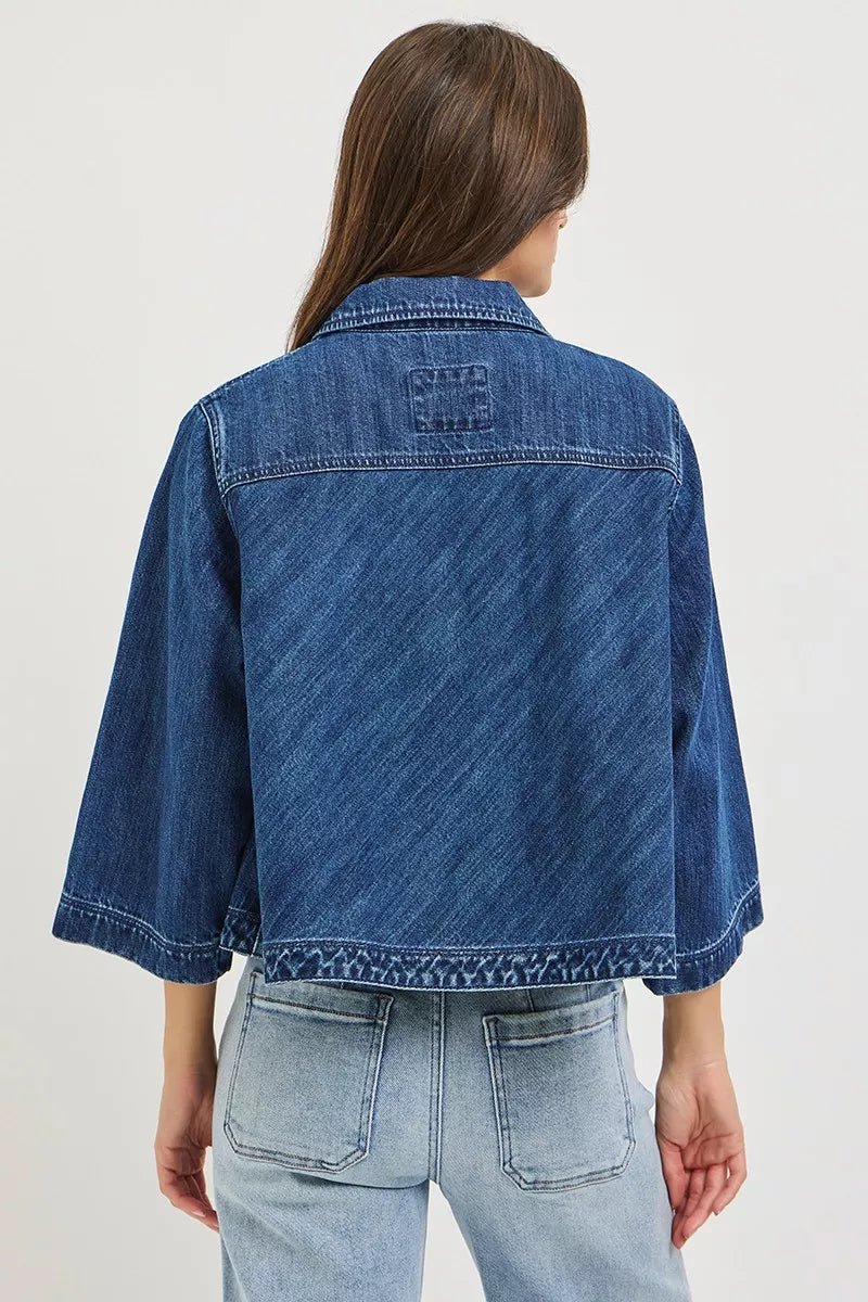 RISEN Double-Breasted Flowy Cropped Denim Jacket - AMVIM