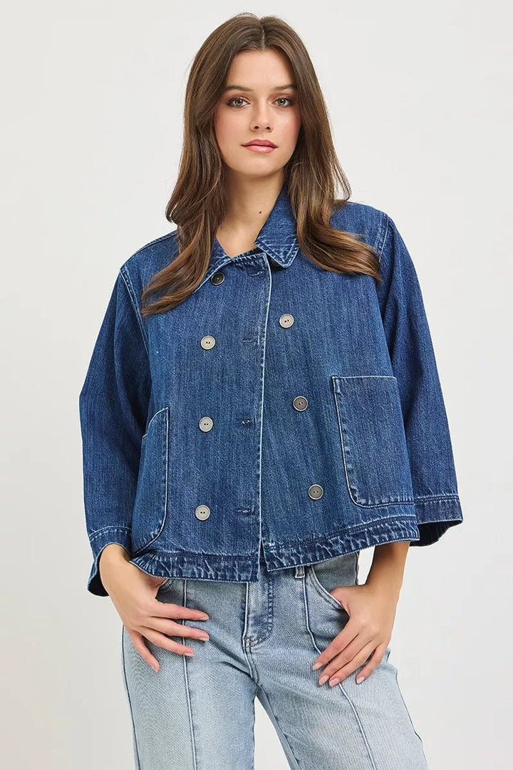 RISEN Double-Breasted Flowy Cropped Denim Jacket - AMVIM