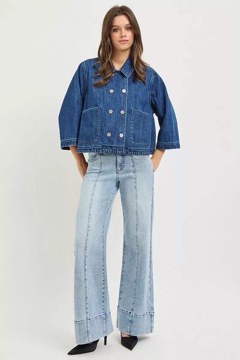RISEN Double-Breasted Flowy Cropped Denim Jacket - AMVIM