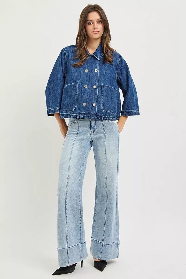 RISEN Double-Breasted Flowy Cropped Denim Jacket - AMVIM