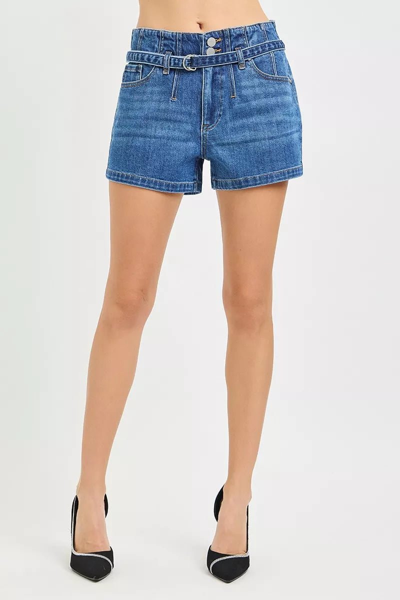 RISEN Double Button Slouchy Denim Shorts with Belt - AMVIM