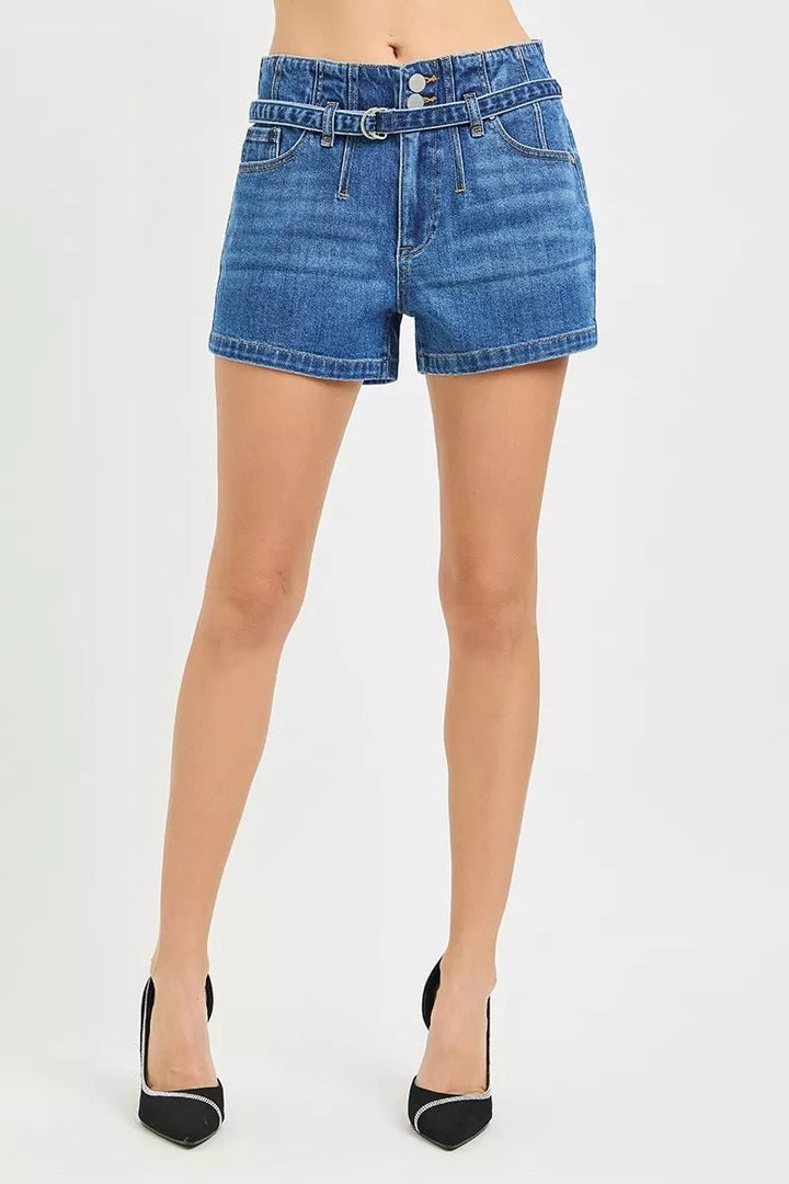 RISEN Double Button Slouchy Denim Shorts with Belt - AMVIM