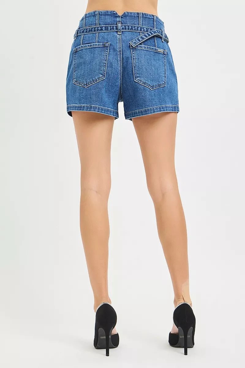 RISEN Double Button Slouchy Denim Shorts with Belt - AMVIM