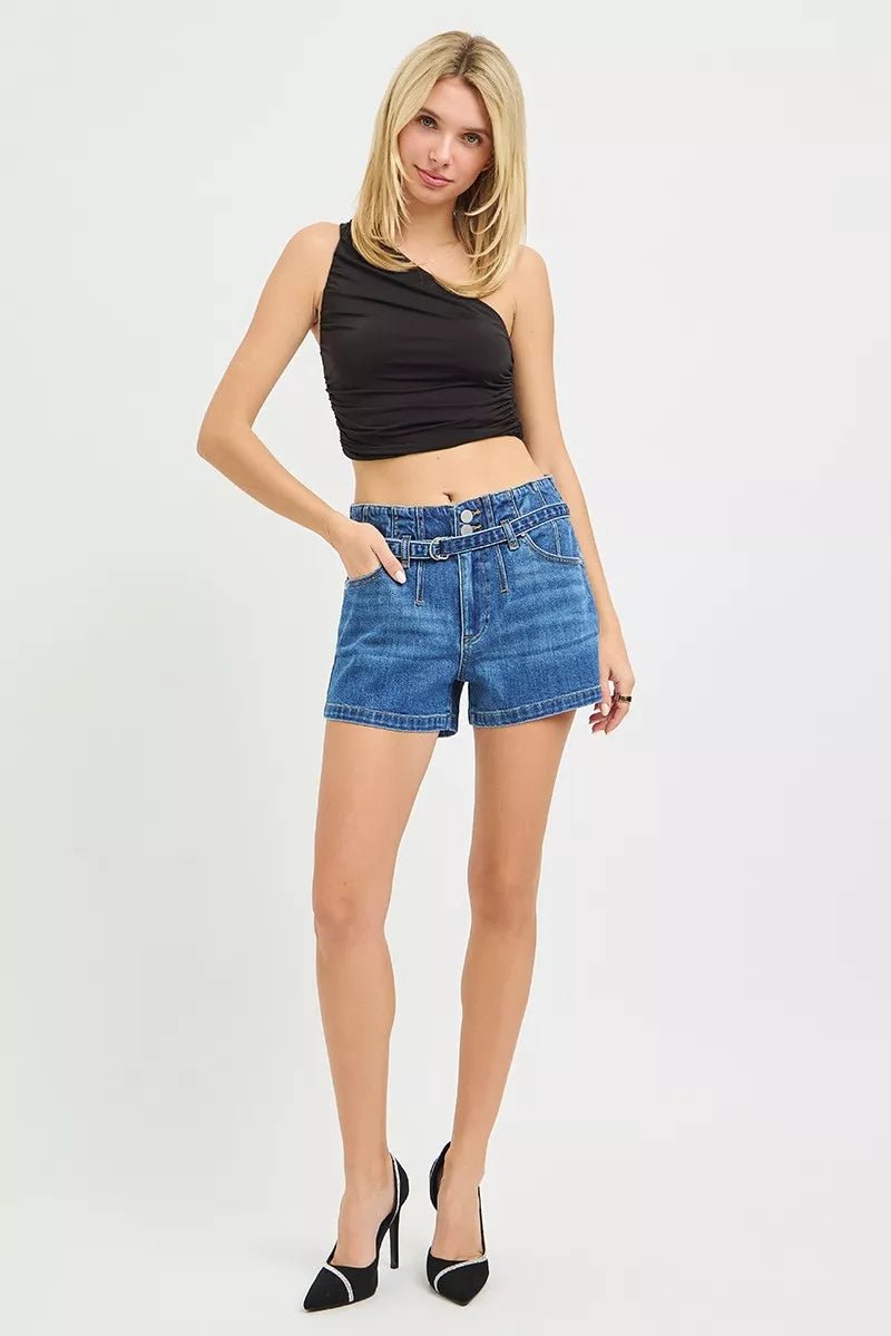 RISEN Double Button Slouchy Denim Shorts with Belt - AMVIM