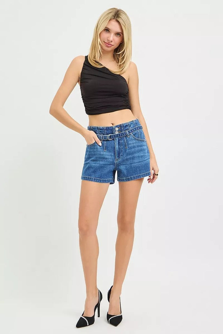 RISEN Double Button Slouchy Denim Shorts with Belt - AMVIM