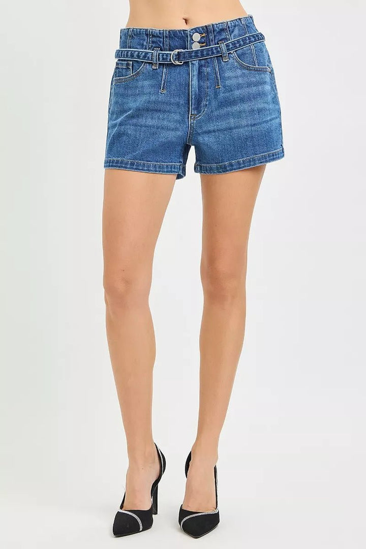 RISEN Double Button Slouchy Denim Shorts with Belt - AMVIM