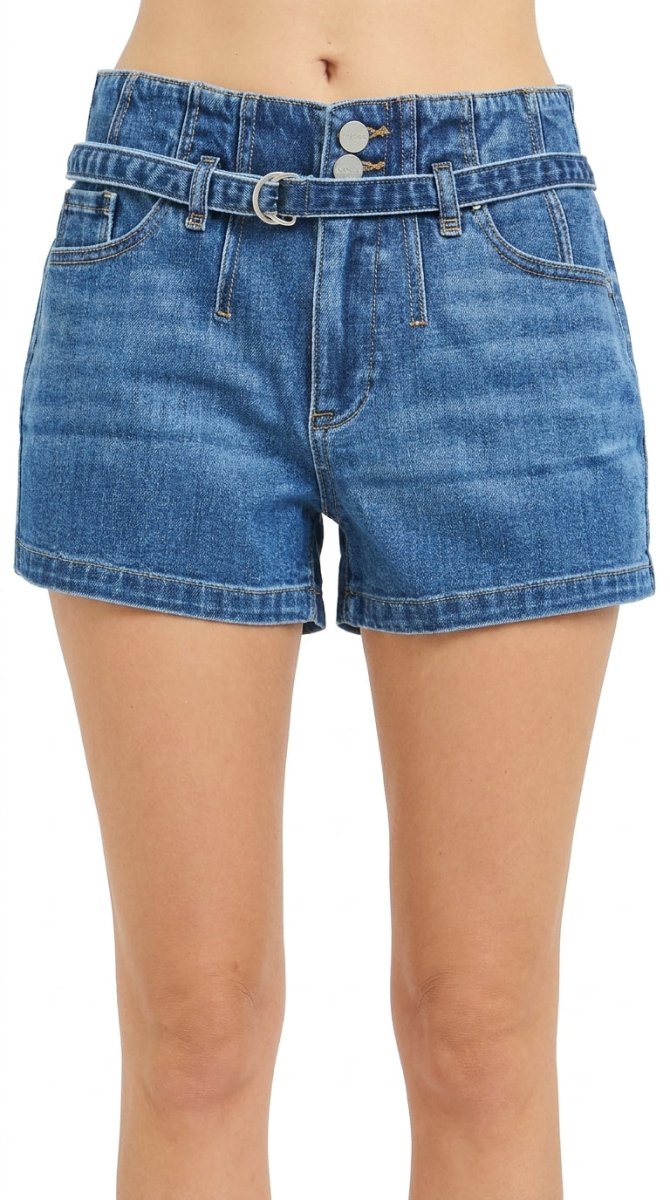 RISEN Double Button Slouchy Denim Shorts with Belt - AMVIM