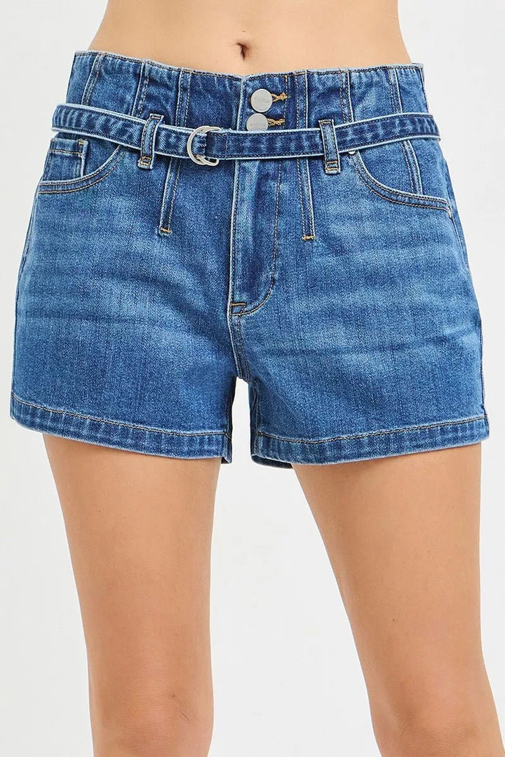 RISEN Double Button Slouchy Denim Shorts with Belt - AMVIM