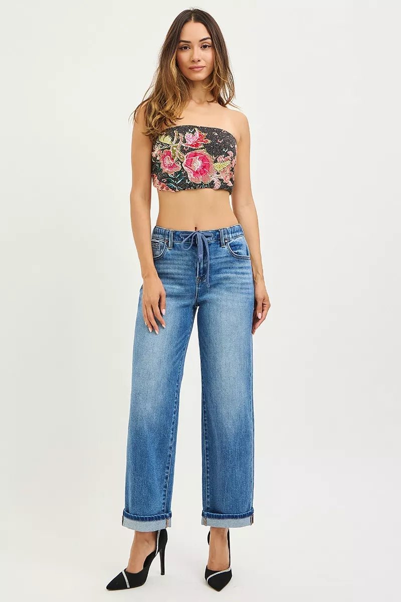 RISEN Elastic Band Slouchy Ankle Boyfriend Cuffed Jeans - AMVIM