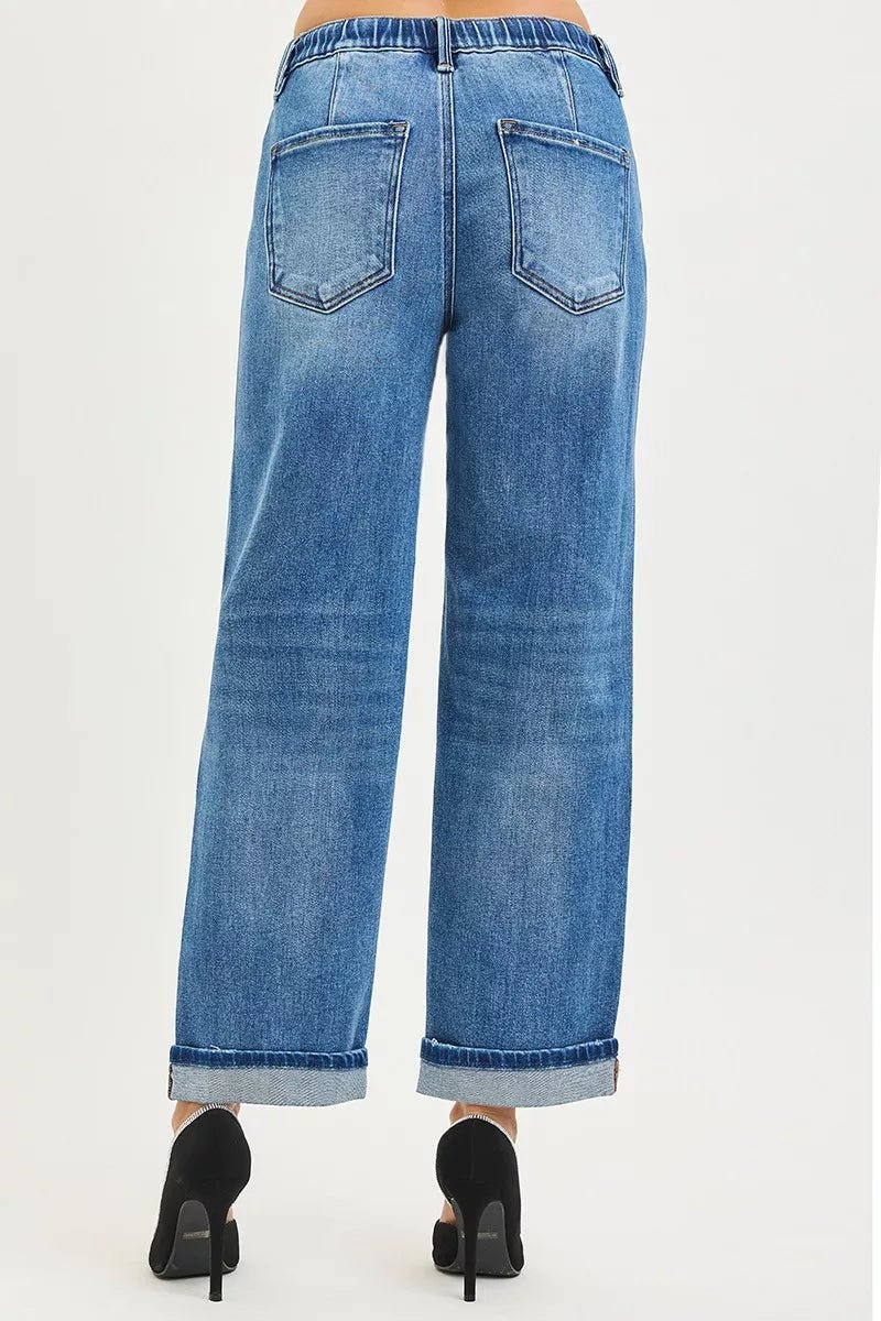 RISEN Elastic Band Slouchy Ankle Boyfriend Cuffed Jeans - AMVIM