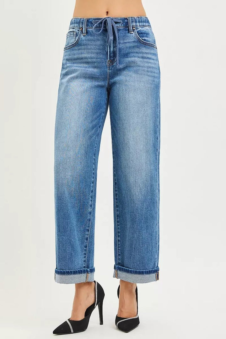 RISEN Elastic Band Slouchy Ankle Boyfriend Cuffed Jeans - AMVIM