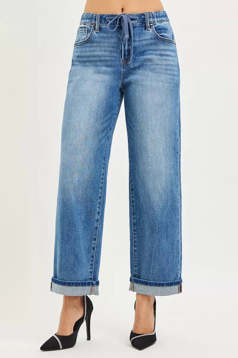 RISEN Elastic Band Slouchy Ankle Boyfriend Cuffed Jeans - AMVIM
