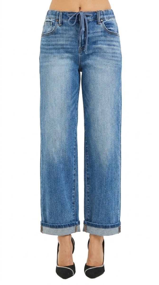 RISEN Elastic Band Slouchy Ankle Boyfriend Cuffed Jeans - AMVIM