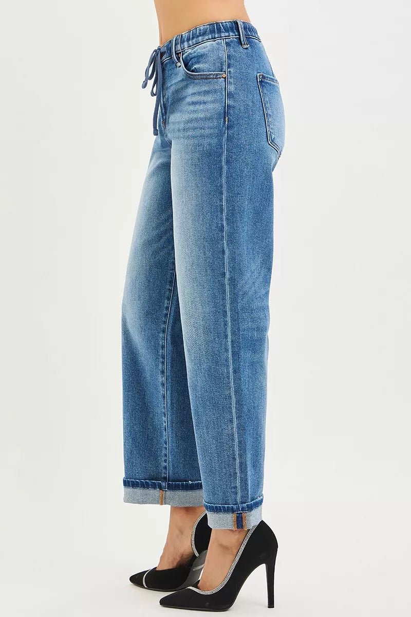 RISEN Elastic Band Slouchy Ankle Boyfriend Cuffed Jeans - AMVIM