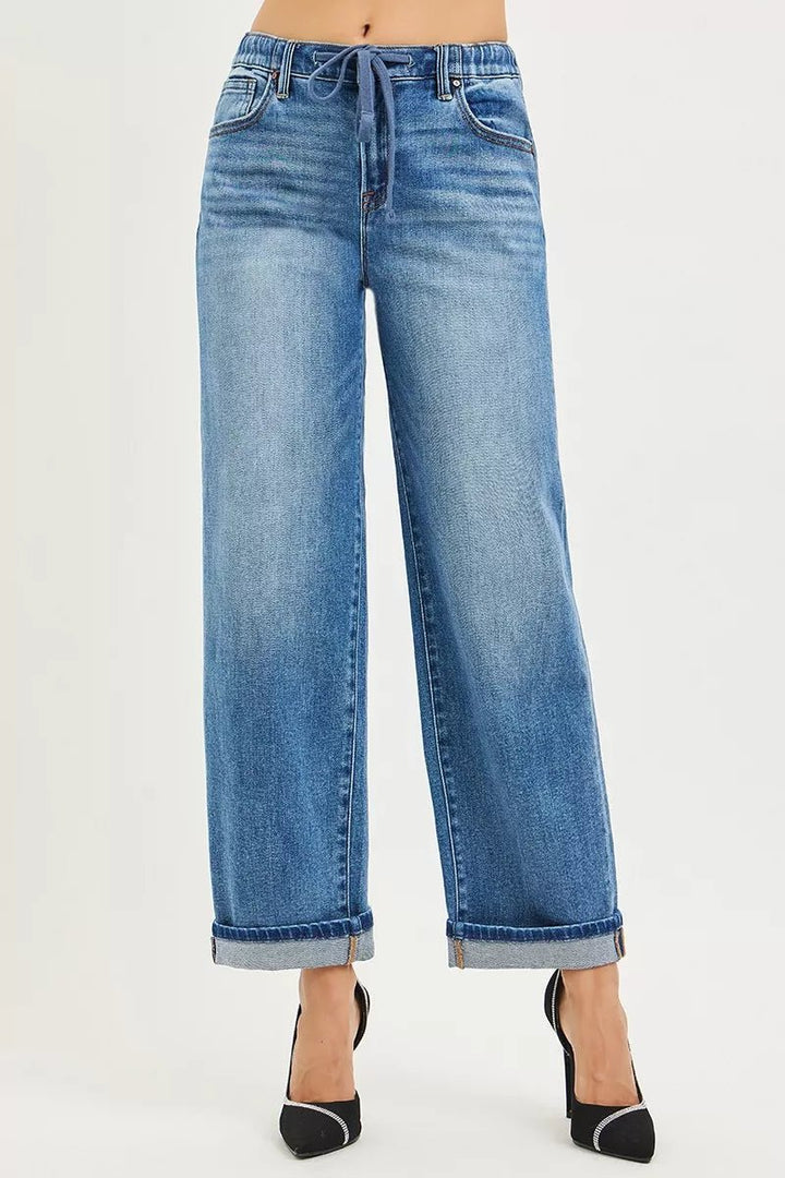 RISEN Elastic Band Slouchy Ankle Boyfriend Cuffed Jeans - AMVIM
