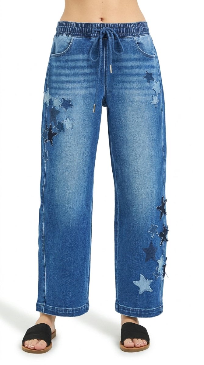 RISEN Elastic Band Slouchy Cropped Barrel with Star Patch - AMVIM