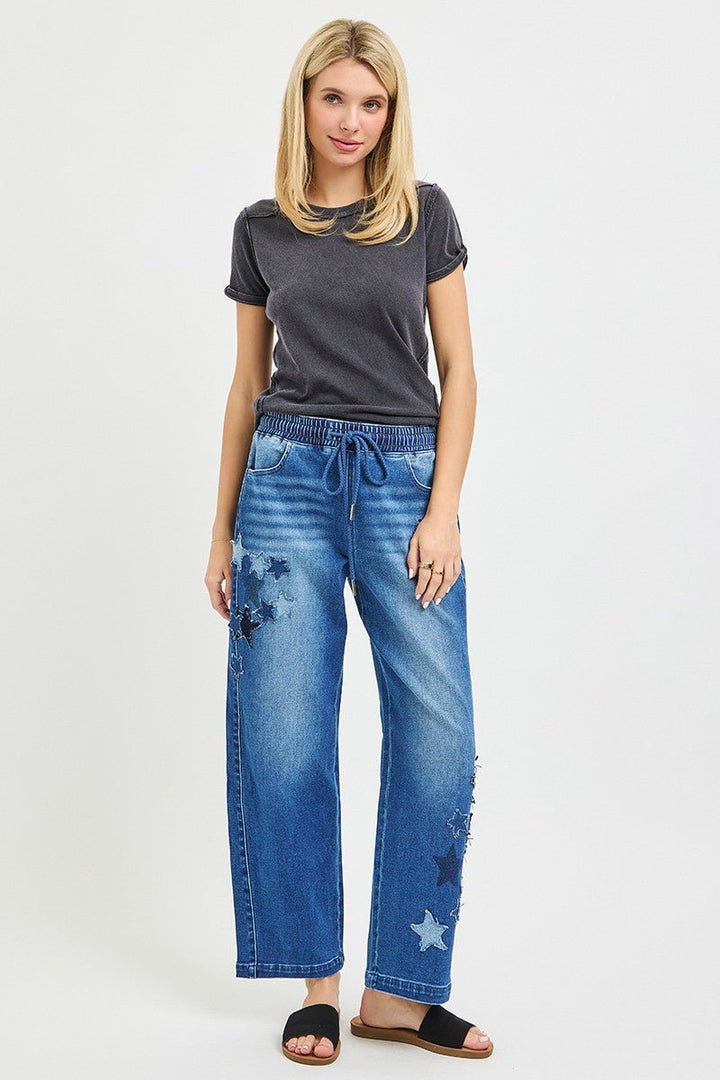 RISEN Elastic Band Slouchy Cropped Barrel with Star Patch - AMVIM