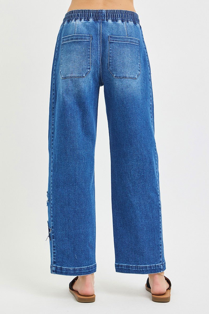 RISEN Elastic Band Slouchy Cropped Barrel with Star Patch - AMVIM