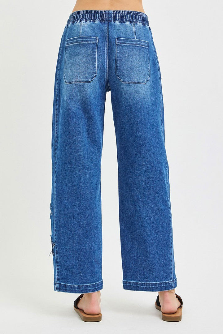 RISEN Elastic Band Slouchy Cropped Barrel with Star Patch - AMVIM