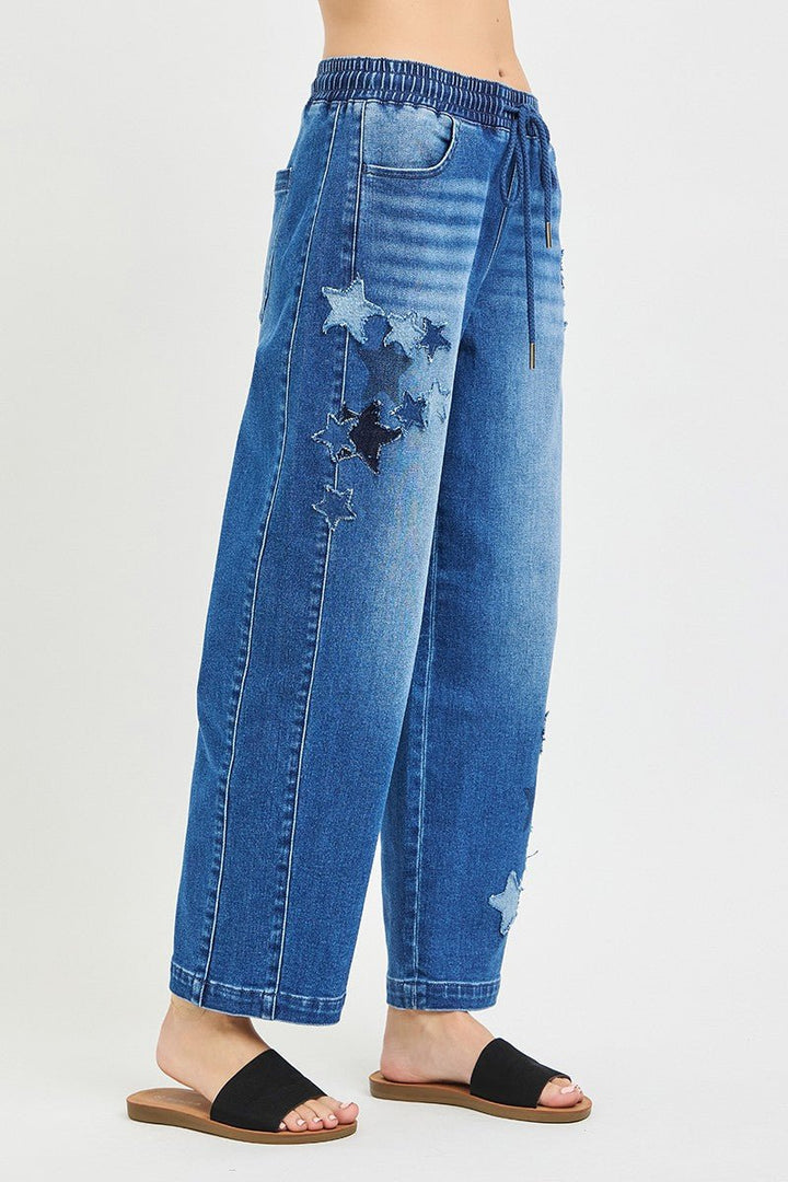 RISEN Elastic Band Slouchy Cropped Barrel with Star Patch - AMVIM