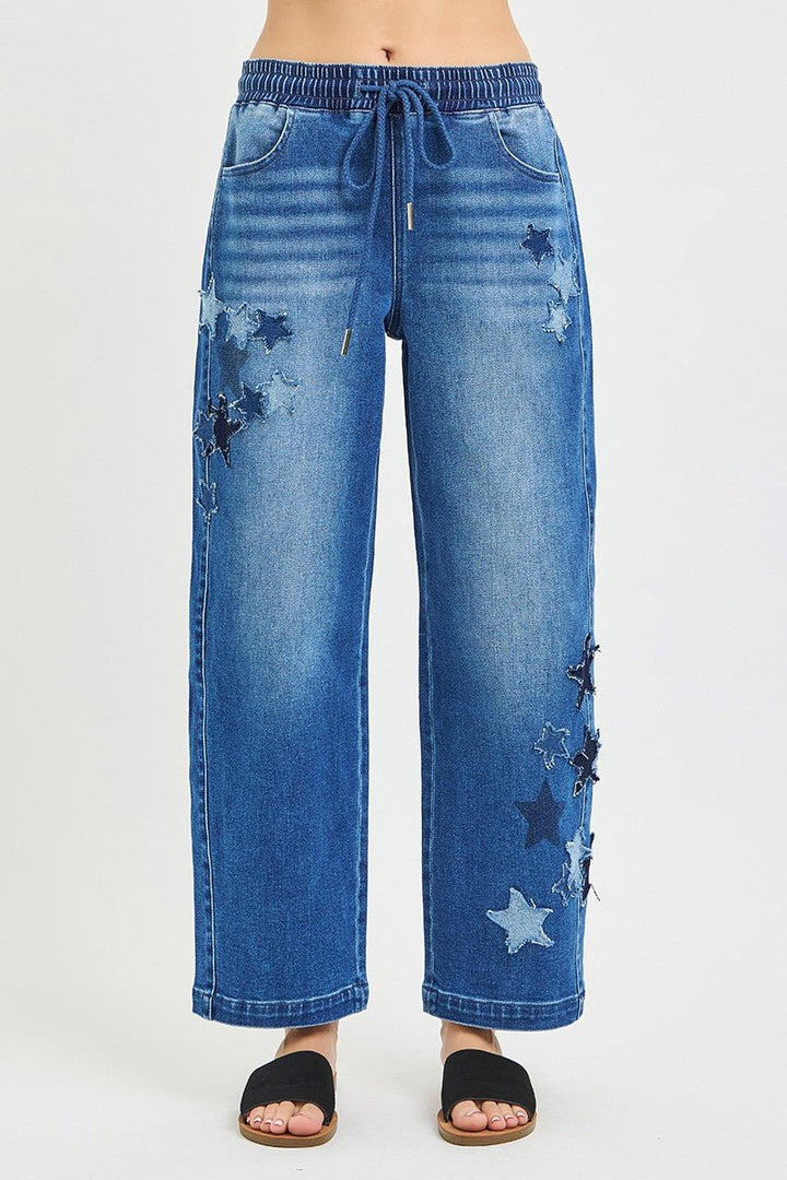 RISEN Elastic Band Slouchy Cropped Barrel with Star Patch - AMVIM